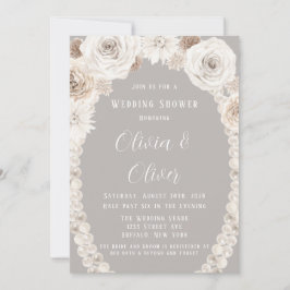 Beige Gray White Floral Pearls Wedding Shower Kaart