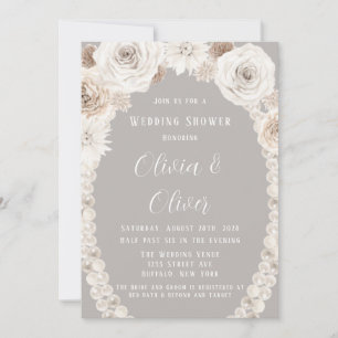 Beige Gray White Floral Pearls Wedding Shower Kaart