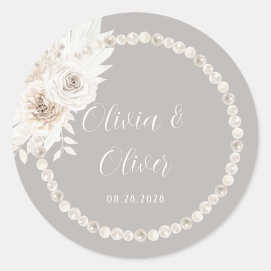 Beige Gray White Pearls Floral Wedding Ronde Sticker (Voorkant)