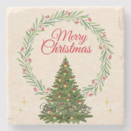 Beige & Green Minimalist Elegant Merry Christmas Stenen Onderzetter