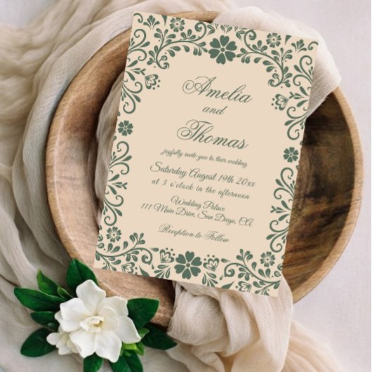 Beige Green Talavera Wedding Kaart