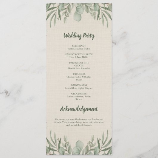 Beige Greenery Waterverf Elegant Trouwprogramma Programmakaart (Achterkant)
