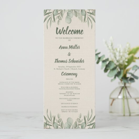 Beige Greenery Waterverf Elegant Trouwprogramma Programmakaart (Staand voorkant)