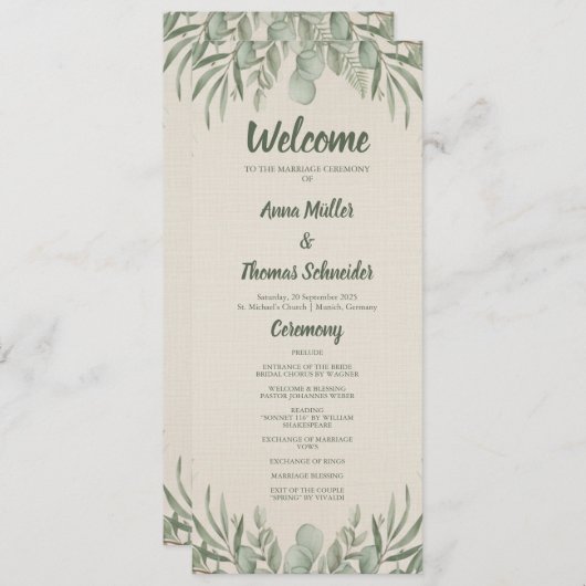 Beige Greenery Waterverf Elegant Trouwprogramma Programmakaart (Voorkant / Achterkant)