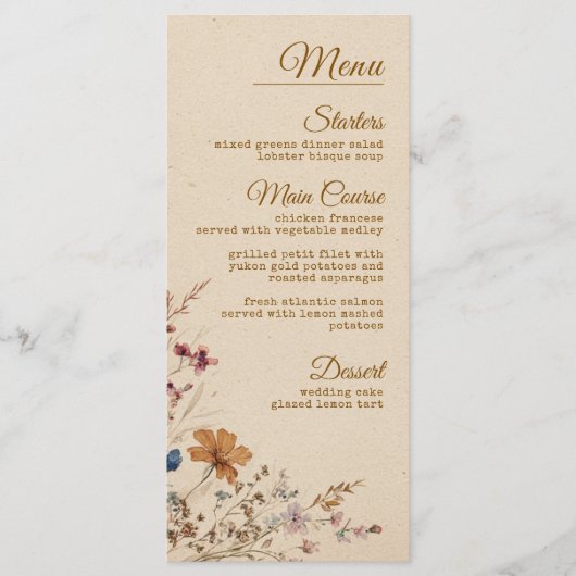 Beige grens rustieke Boho Wildflower bruiloft Menu (Voorkant)