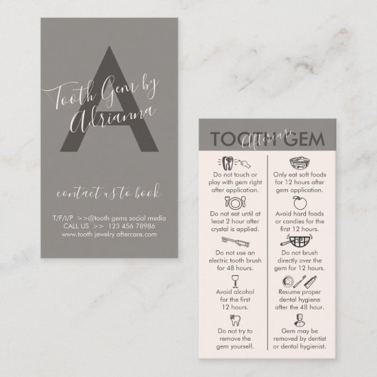 Beige Grey Physical Printed Tooth Gem Aftercare Visitekaartje (Voorkant / Achterkant)