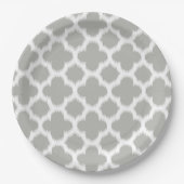 Beige Grey White Retro Ikat Quatrefoil Patroon Papieren Bordje (Voorkant)