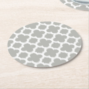 Beige Grey White Retro Ikat Quatrefoil Patroon Ronde Kartonnen Onderzetter