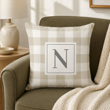 Beige Grijs Gingham Rutig Monogram Eerste Letter
