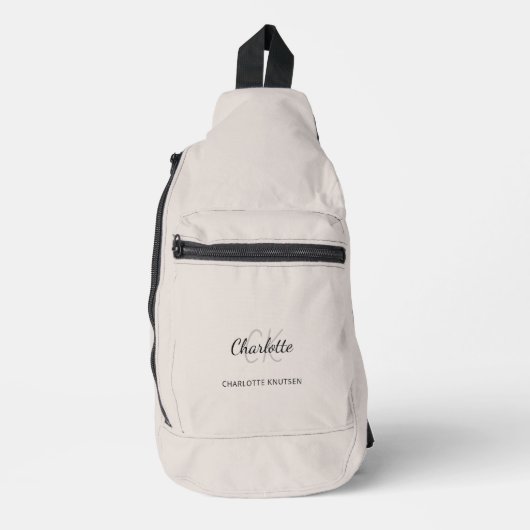 Beige grijs monogram initialen naam sling bag (Voorkant)
