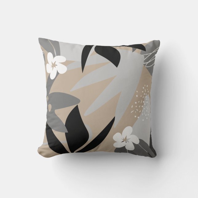 Beige Grijs Zwart & Wit Artistiek Abstract Bloemmo Kussen (Voorkant)