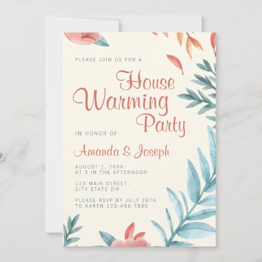 Beige Groen Bladgroen Huis Warming Party Uitnodigi Kaart (Voorkant)
