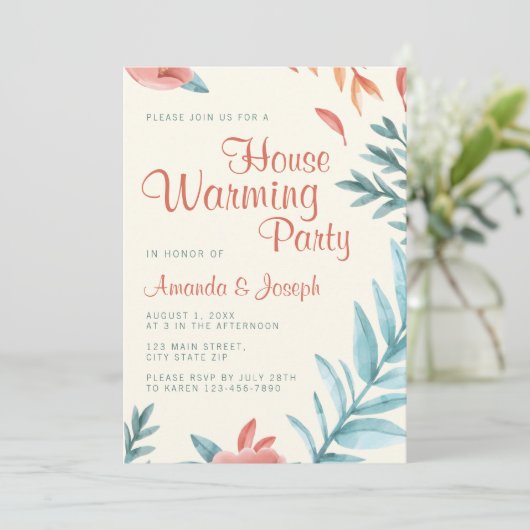 Beige Groen Bladgroen Huis Warming Party Uitnodigi Kaart (Staand voorkant)