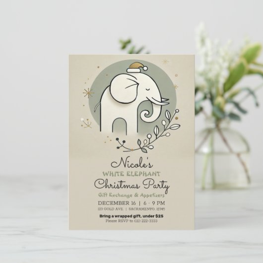 Beige Groen Goud Witte Olifant Kerstfeest Kaart (Staand voorkant)