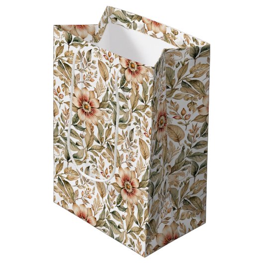 Beige groene botanische bloempatroon medium cadeauzakje (Voorkant Gekanteld)