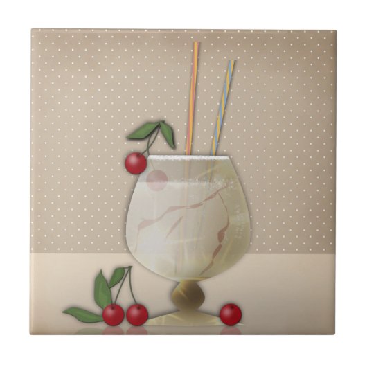 Beige grunge retro cocktailglazen kers p tegeltje (Voorkant)