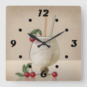 Beige grunge retro  cocktailglazen kers p vierkante klok