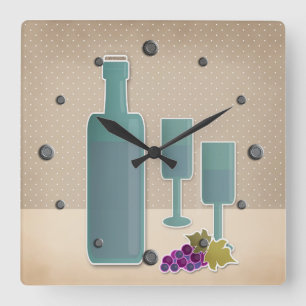 Beige grunge retro  wijnglazen druivenpolsen vierkante klok