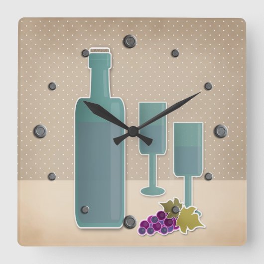 Beige grunge retro  wijnglazen druivenpolsen vierkante klok (Voorkant)