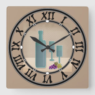 Beige grunge retro  wijnglazen druivenpolsen vierkante klok