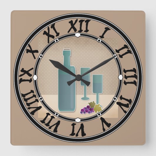 Beige grunge retro  wijnglazen druivenpolsen vierkante klok (Voorkant)
