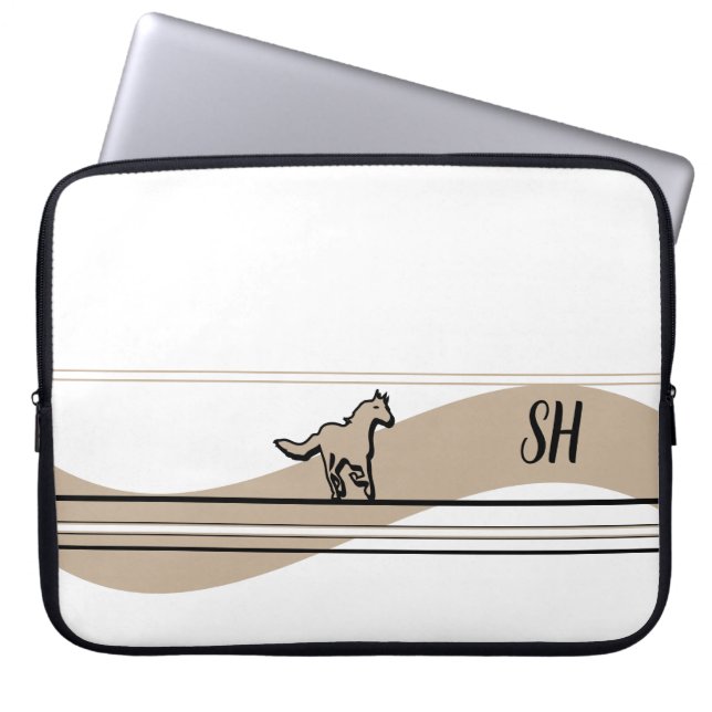 Beige hardloop paard ontwerp en initialen laptop sleeve (Voorkant)