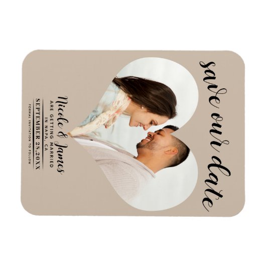 Beige Hart Foto Bruiloft Save the Date Magneet (Horizontaal)