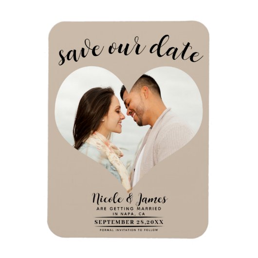 Beige Hart Foto Bruiloft Save the Date Magneet (Verticaal)