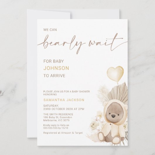 Beige hartballon bearly wait-Baby shower Kaart (Voorkant)