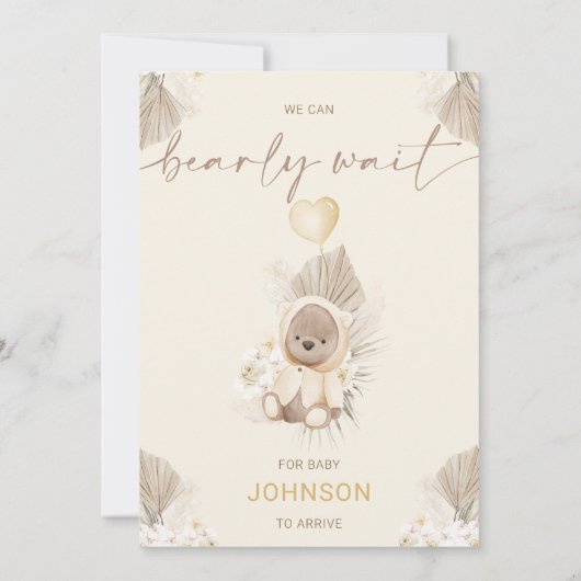 Beige hartballon bearly wait-Baby shower Kaart (Achterkant)