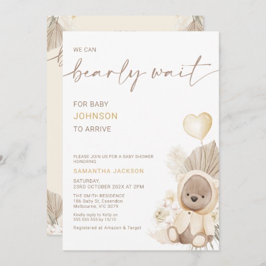 Beige hartballon bearly wait-Baby shower Kaart (Voorkant / Achterkant)