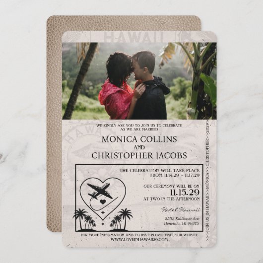 Beige Hawaii Passport bruiloft uitnodiging (Voorkant / Achterkant)