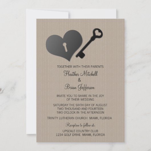 Beige Heart Lock en Key Wedding Invite Kaart (Voorkant)