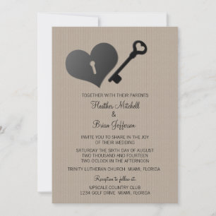 Beige Heart Lock en Key Wedding Invite Kaart