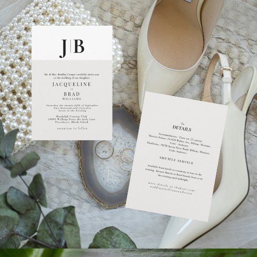 Beige Hedendaagse Monogram Bruiloft Kaart