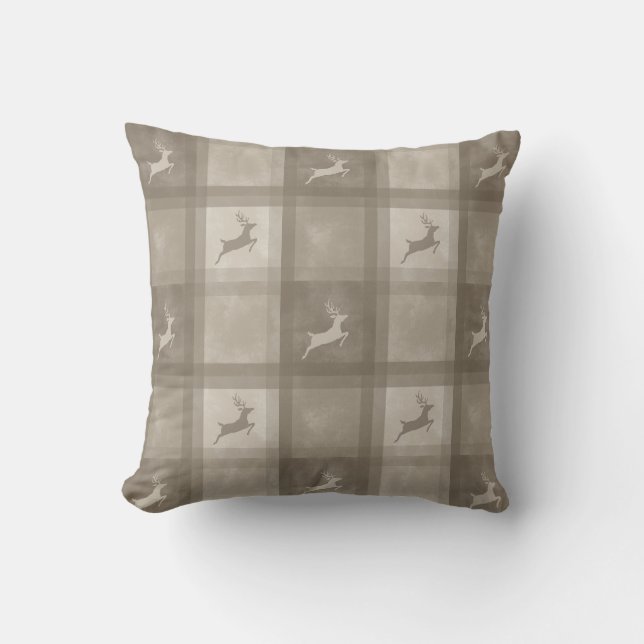 Beige Herten Waterverf Plaid Kerstpatroon Kussen (Voorkant)