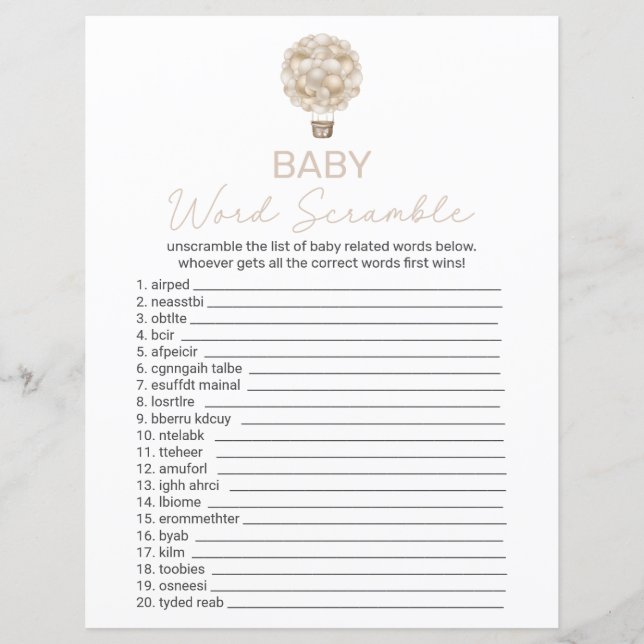 Beige Hete Luchtballon Baby shower Word Scramble (Voorkant)