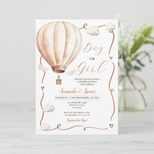 Beige Hete Luchtballon Geslacht Onthullen Ribbon B Kaart (Staand voorkant)