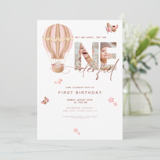 Beige hete luchtballon Onederful 1e verjaardag Kaart (Staand voorkant)