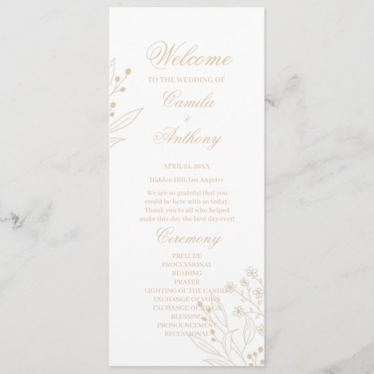 Beige hoek Floral Boho bruiloft Programmakaart (Voorkant)