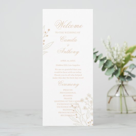 Beige hoek Floral Boho bruiloft Programmakaart (Staand voorkant)