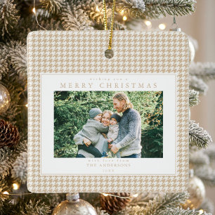 Beige Houndstooth Kerst Foto Keramisch Ornament