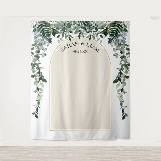 Beige ivoor moderne boog botanische trouw achtergr wandkleed (Voorkant)