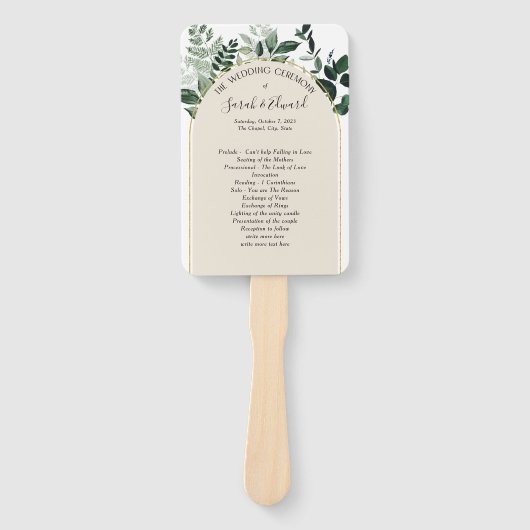 Beige Ivory Boho Arch botanisch huwelijksprogramma Handwaaier (Voorkant)