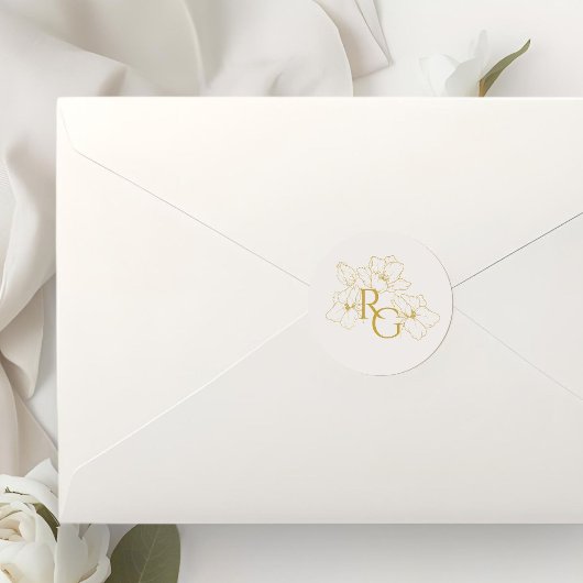 Beige Ivory | Floral Faux Gold Monogram Wedding Ronde Sticker
