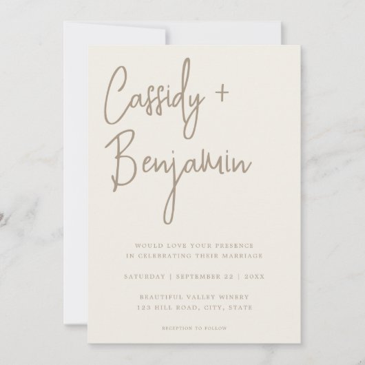 Beige Ivory Script Minimalist Modern Wedding Kaart (Voorkant)