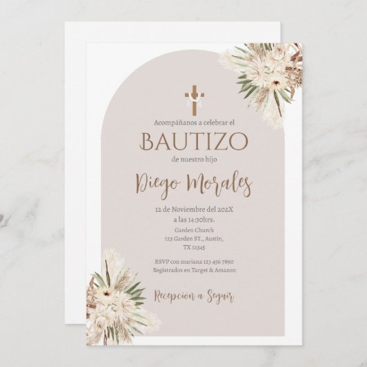 Beige jongen doop uitnodiging (Voorkant / Achterkant)