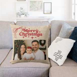 Beige jute foto rode strik handgetekende Kerstmis Kussen