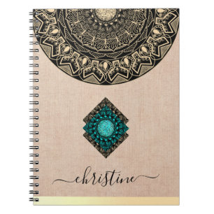 Beige jute mandala zwarte scriptnaam notitieboek