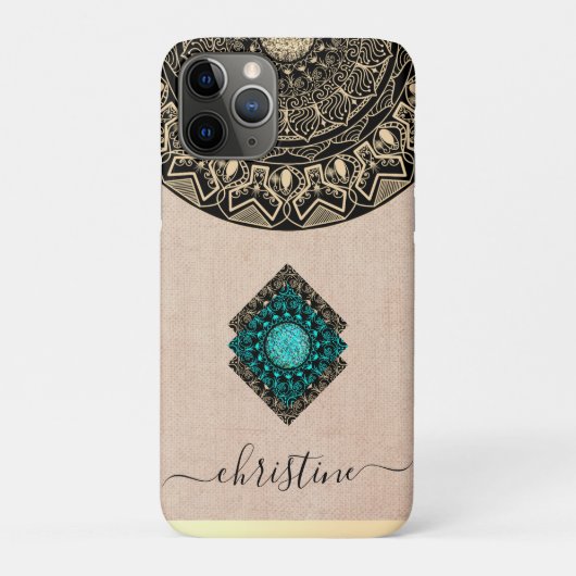 Beige jute zwart goud mandala script naam rustiek Case-Mate iPhone case (Achterkant)
